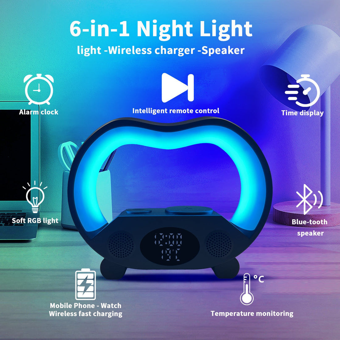 2024 6-in-1 Smart LED Table Lamp with Wireless Charger & Bluetooth Speaker