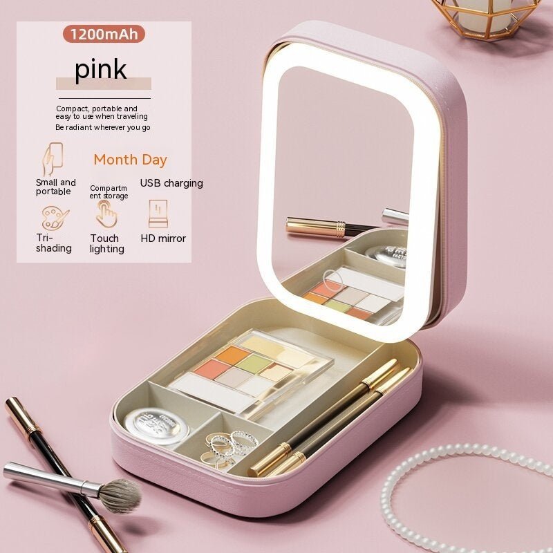 Portable Makeup Storage Box with LED Mirror & Touch Light Organizer