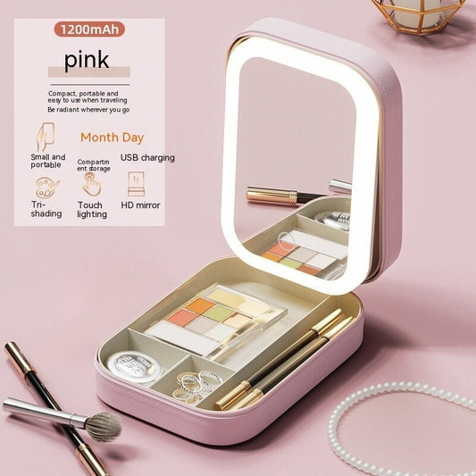 Portable Makeup Storage Box with LED Mirror & Touch Light Organizer