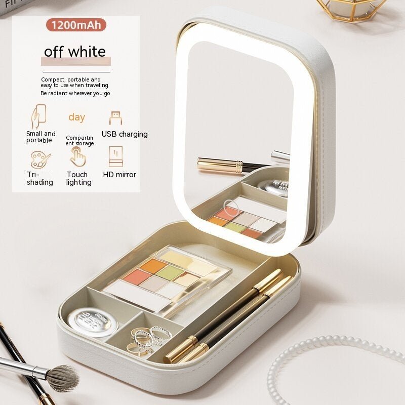 Portable Makeup Storage Box with LED Mirror & Touch Light Organizer