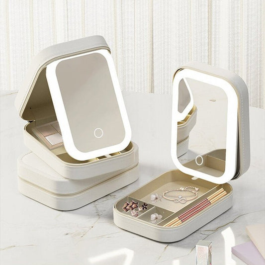 Portable Makeup Storage Box with LED Mirror & Touch Light Organizer